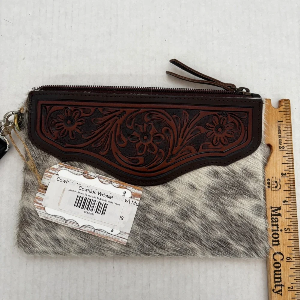 Cowhide Wristlet Women Brown Tooled‎ Leather Floral Western  Bag New Cowgirl